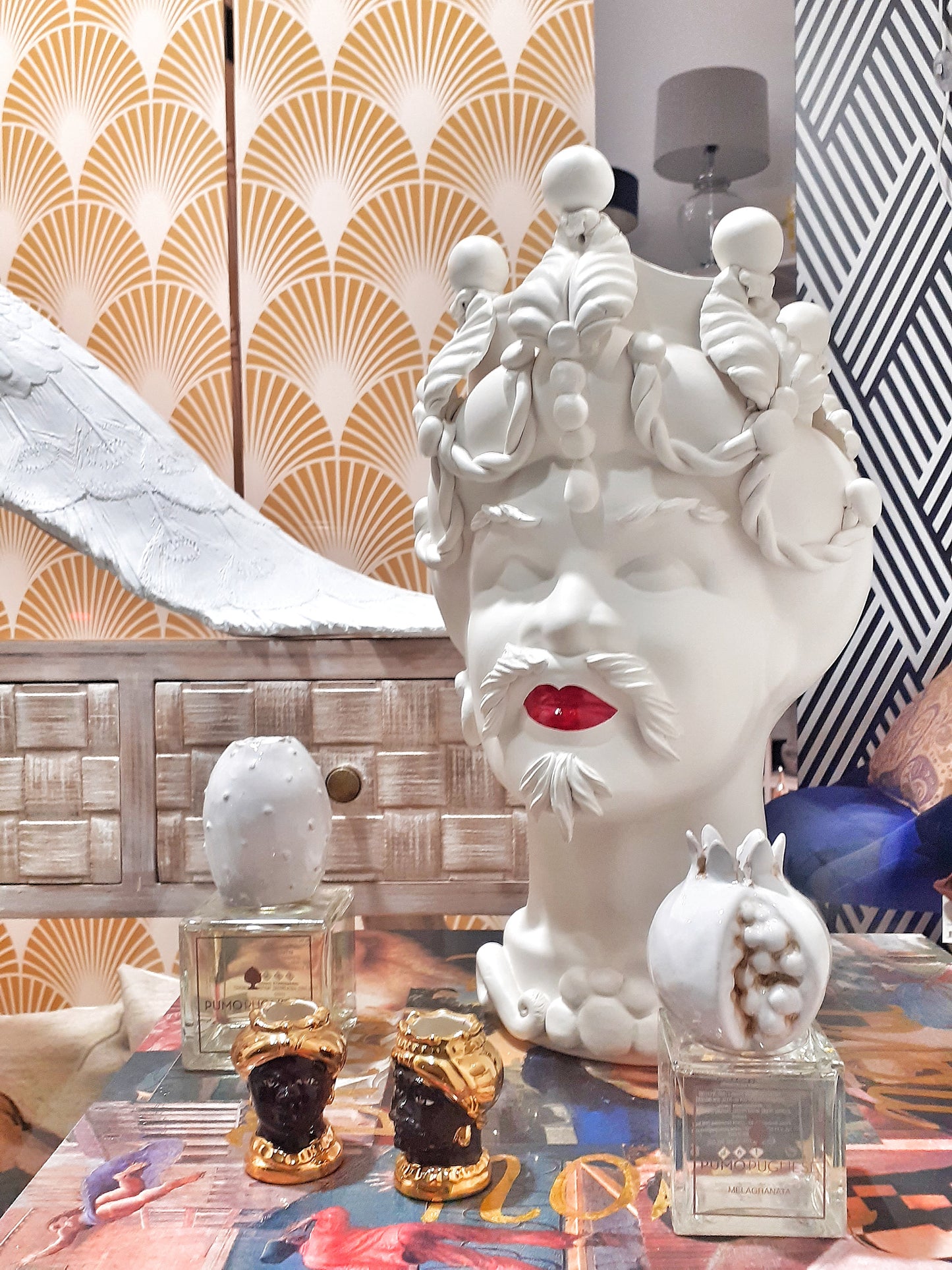 Testa di Moro Maschile in ceramica di Caltagirone (Bianco satinato/Rosso lucido)